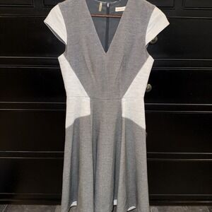 Rebecca Taylor 2‎ Gray Colorblock Tweed Knit Fit And Flare Dress V Neck Cap Sl